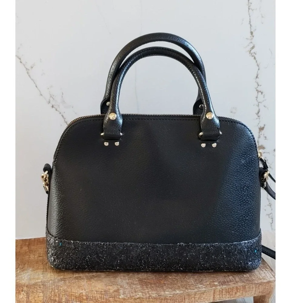 Kate Spade Satchel Bag Womens Medium Black Leather Glitter Trim Dome Handbag‎
